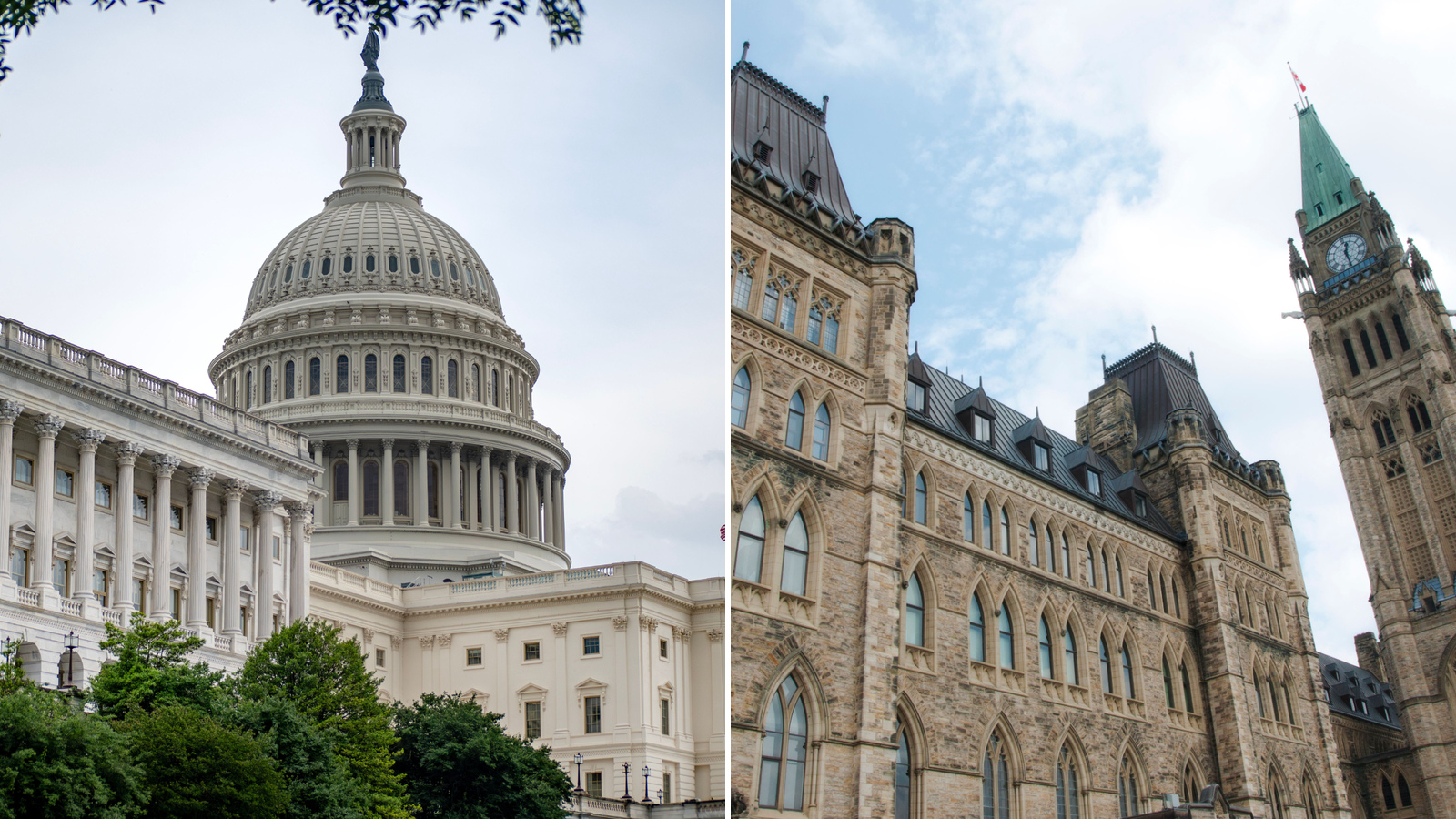 United States Capitol on Capitol Hill in Washington, D.C., and the Peace Tower on Parliament Hill in Ottawa