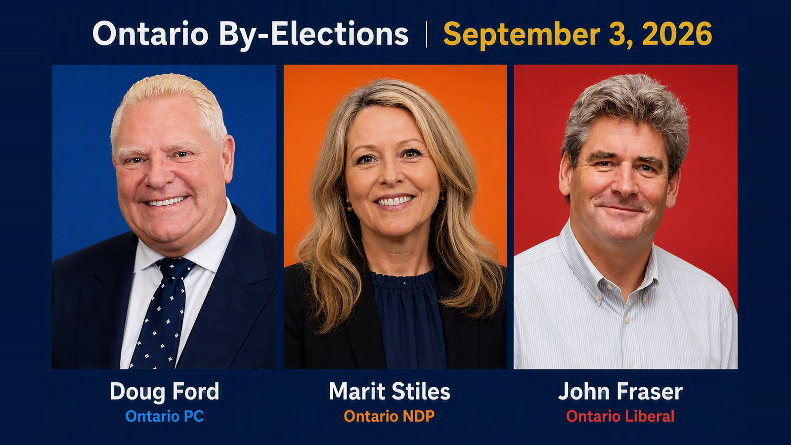 Ontario by-elections leaders graphic — Doug Ford, Marit Stiles, and John Fraser